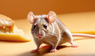 Fototapeta premium A small brown mouse sits near a piece of cheese on a beige surface