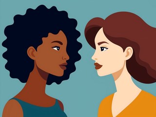 Two women facing each other, one with curly black hair and dark skin, the other with straight brown hair and light skin. The background is a soft teal color, creating a contrast with their features.