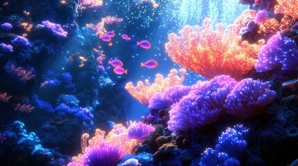 Vibrant Coral Reef with Pink Fish Underneath a Blue Sky