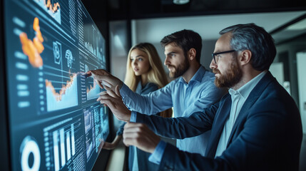 A group of business people using digital screens to display data and financial graphs, showcasing the power of technology in navigating market trends for strategic decision-making.