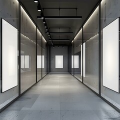 Modern Minimalist Gallery Corridor with Blank Canvas Wall Art
