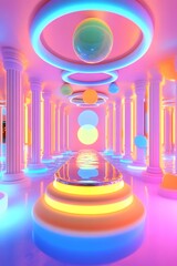 Neon Lights and Columns in a Pink Hallway with a Water Feature
