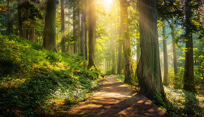 Fototapeta premium Sunbeams pierce through towering redwood trees, illuminating a winding forest path. Generative AI