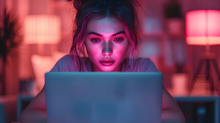 A sleek, modern laptop with a vibrant screen displaying abstract patterns, placed on a minimalist desk.