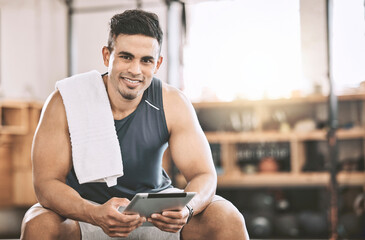 Fitness, personal trainer or tablet in gym for portrait, exercise or contact with smile. Man, happy or tech in sports club for training schedule app, online tutorial or client information or sign up