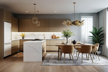 Fototapeta premium Contemporary Apartment Mock-Up Featuring Spacious Kitchen Design and Stylish Decor