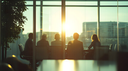 Business Team Meeting in Modern Office with Sunset View, Collaborative Work, and Professional Interaction, Highlighting Workplace Productivity and Teamwork Dynamics