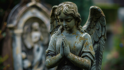 Fototapeta premium a medieval statue of a praying angel. generative ai