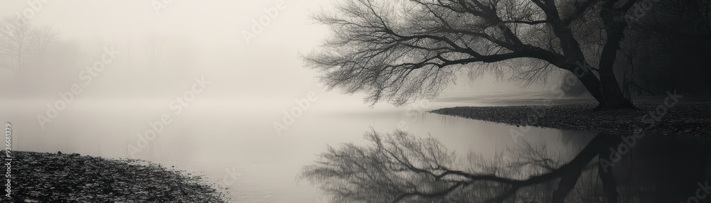 Aufkleber a single tree stands tall in a foggy landscape, its reflection mirroring its form in the still water