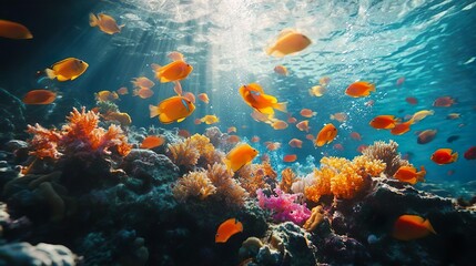 Fototapeta premium Colorful fish in a thriving coral reef ideal for crafting underwater-themed wallpaper designs