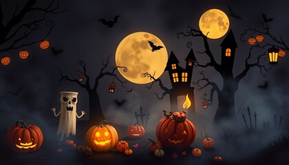 A spooky Halloween night scene with pumpkins, a ghost, a haunted house, bats, and a full moon.
