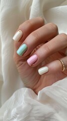 Fototapeta premium A hand displays beautifully painted square nails in soft pastel colors, including mint green, pale pink, and white, complemented by delicate jewelry