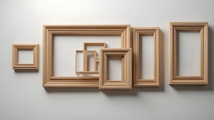 1024 X 768 simple wide light color wooden frames on a  white wall, different sizes of frames, different sculpting of the frames, empty space
