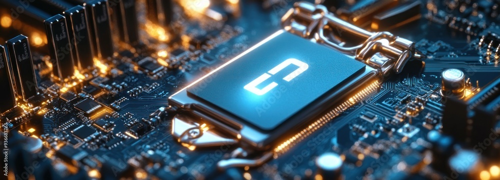 Aufkleber Close-up of a CPU Chip on a Motherboard with Glowing Lights