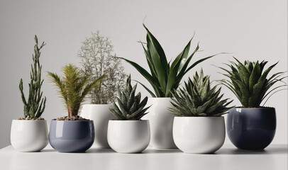 Obraz premium A row of six potted plants sits on a white countertop