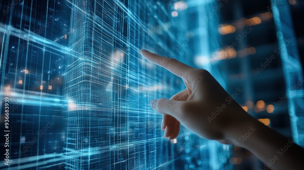 Poster Hand Interacting with a Digital Grid Interface
