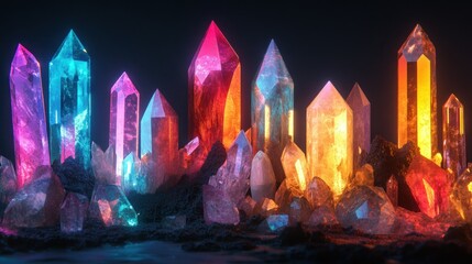 Glowing Prismatic Crystals in a Dark Setting