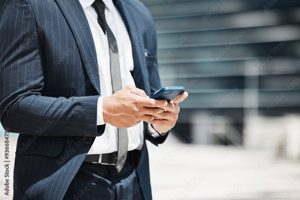 Poster Businessman, hands and internet with smartphone in city for conversation with client, downtown and networking apps. Person, corporate employee and online for professional communication with commute.