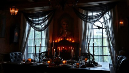 A dimly lit dining room with a dark and mysterious ambiance, decorated for Halloween with candles, black lace curtains and a framed portrait on the wall.