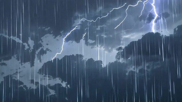 A cartoon thunderstorm with rain