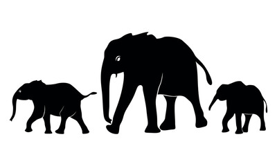 Elephant family silhouette isolated on white background. Elephant with her baby. Silhouette of elephants. 