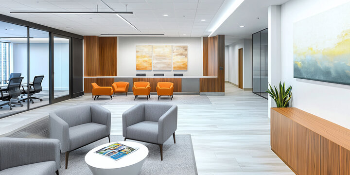  an empty real estate agency, featuring a welcoming office space with comfortable seating