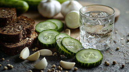 rustic Russian snack setup with a glass of vodka on the rocks, rye bread slices, fresh cucumbers, and garlic cloves. The dark, moody background enhances the simplicity and tradition of the scene