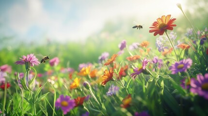 A vibrant field of wildflowers in bloom with bees buzzing during a sunny day