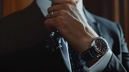 A well-dressed man is seen adjusting his tie in a formal suit, highlighting an elegant wristwatch. The ambiance is sophisticated and intimate, emphasizing his polished look