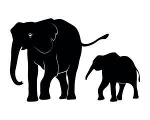 Elephant family silhouette isolated on white background. Elephant Silhouette vector. Silhouette of elephants. Elephant shadow hand drawn. 