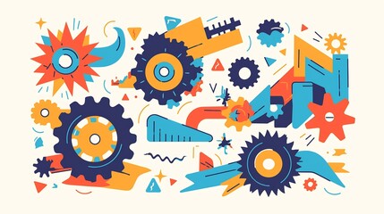 Abstract illustration of interconnected gears cogs each turning next complex machine representing start of chain reaction in the development of new technologies visualizing the momentum of innovation