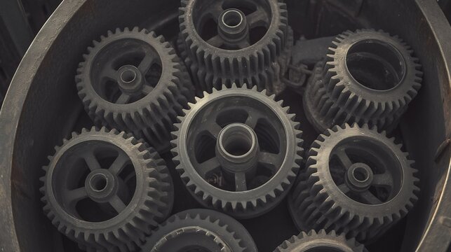 Abstract illustration of interconnected gears cogs each turning next complex machine representing start of chain reaction in the development of new technologies visualizing the momentum of innovation