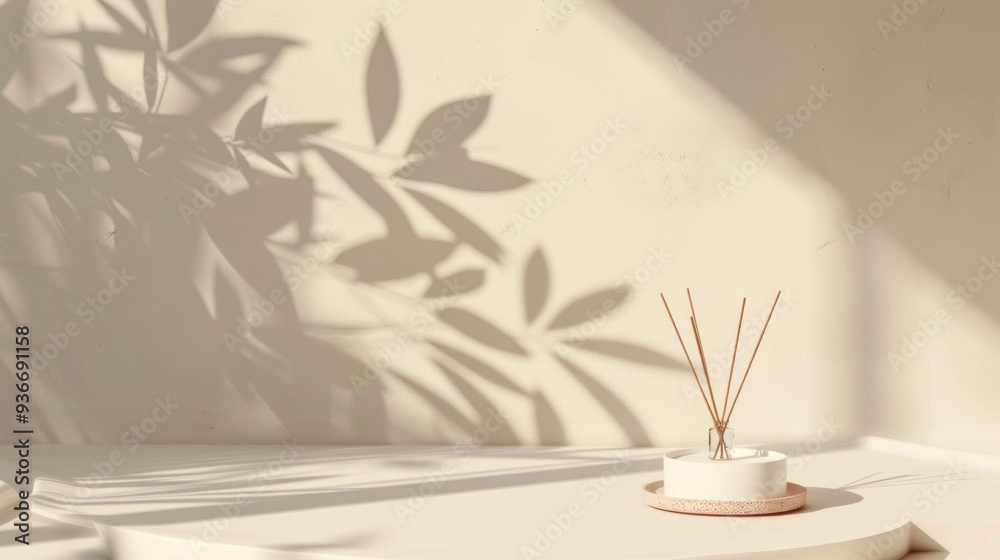 Poster A serene beige table features a diffuser resting on it, surrounded by soft shadows created by the leaves nearby. Natural light enhances the calm atmosphere, inviting relaxation
