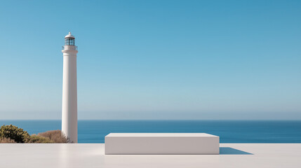 Mockup white square podium for product presentation  with blue sea ocean and lighthouse  background