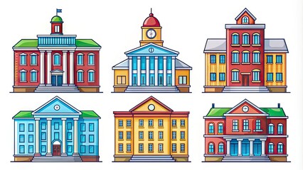 Fototapeta premium Set of colorful university building icons, including a clock tower, library, and dormitory, isolated on a white background, symbolizing education and knowledge.