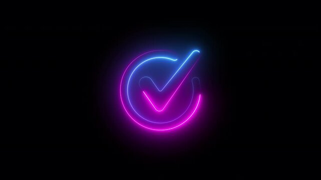 neon animation of checkmark sign clip art, fast moving blue and pink rays to both sides. glowing lines, 4K animated seamless loop template