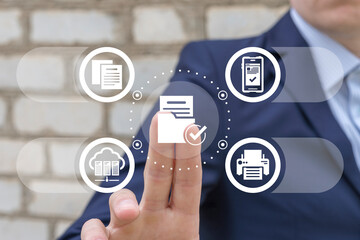 Man using virtual touch interface presses icon: directory with files and check mark. Document...