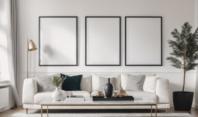 A white sofa with pillows sits in a modern living room