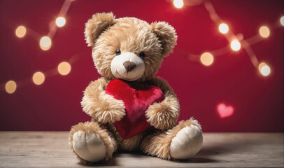 Obraz premium A brown teddy bear holds a red heart in front of a red background with lights