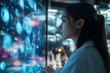 A woman in a high-tech laboratory interacts with a holographic display, representing advanced research and innovation in science. The blue tones emphasize a futuristic, digital atmosphere.