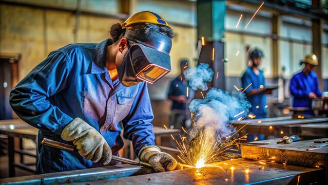Skilled student learns welding techniques at a vocational training institute in India, surrounded by machinery and tools, with a focus on hands-on education.