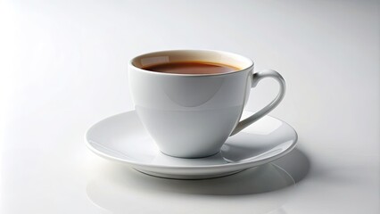 Fototapeta premium Sleek and modern, a solitary white coffee cup sits isolated on a crisp, empty white background, evoking a sense of simplicity and clarity.