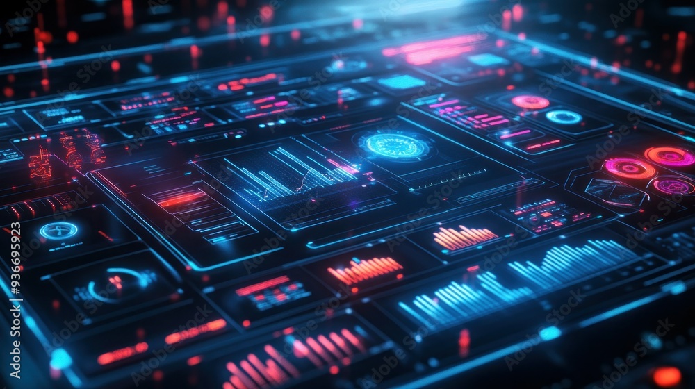 Poster Futuristic Digital Interface with Glowing Blue and Red Data Displays