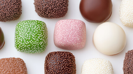 Obraz premium A delightful assortment of round gourmet chocolate truffles in various colors and textures, presenting a delicious array of treats that cater to chocolate lovers with fine taste.