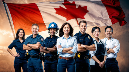Emotional portrait of diverse professionals and Canadian flag waving in the background. Pride and dedication of the Canadian workforce, celebrating the diversity and unity across various professions