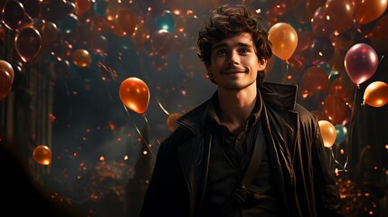 A zany individual wearing a cape and holding a magic wand, casting spells against a backdrop of floating balloons and confetti