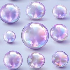 Visually appealing 3D composition featuring glossy spheres with iridescent effect in rainbow hues, isolated on lavender background. Ideal for various creative projects and design purposes.