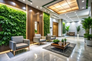 Fototapeta premium Sleek and modern entrance of a high-end clinic features lush greenery, comfortable seating, and elegant decor, exuding calmness and sophistication in a serene atmosphere.