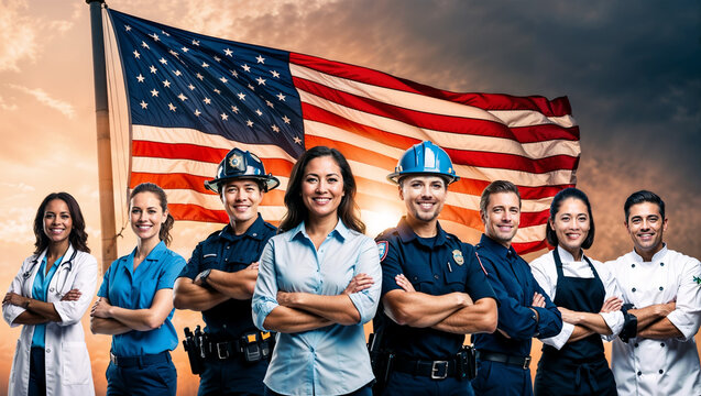 Emotional portrait of diverse professionals and American flag waving in the background. Pride and dedication of the American workforce, celebrating the diversity and unity across various professions