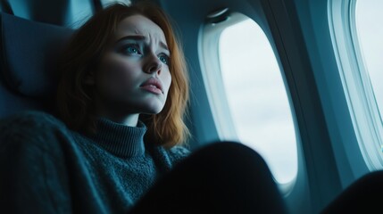A young woman looks anxious and fearful while sitting by the window on an airplane, illustrating the concept of flying anxiety and fear during air travel.